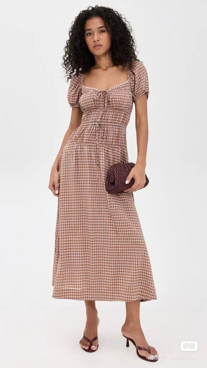 Reformation Rhett Check Midi Dress — front view