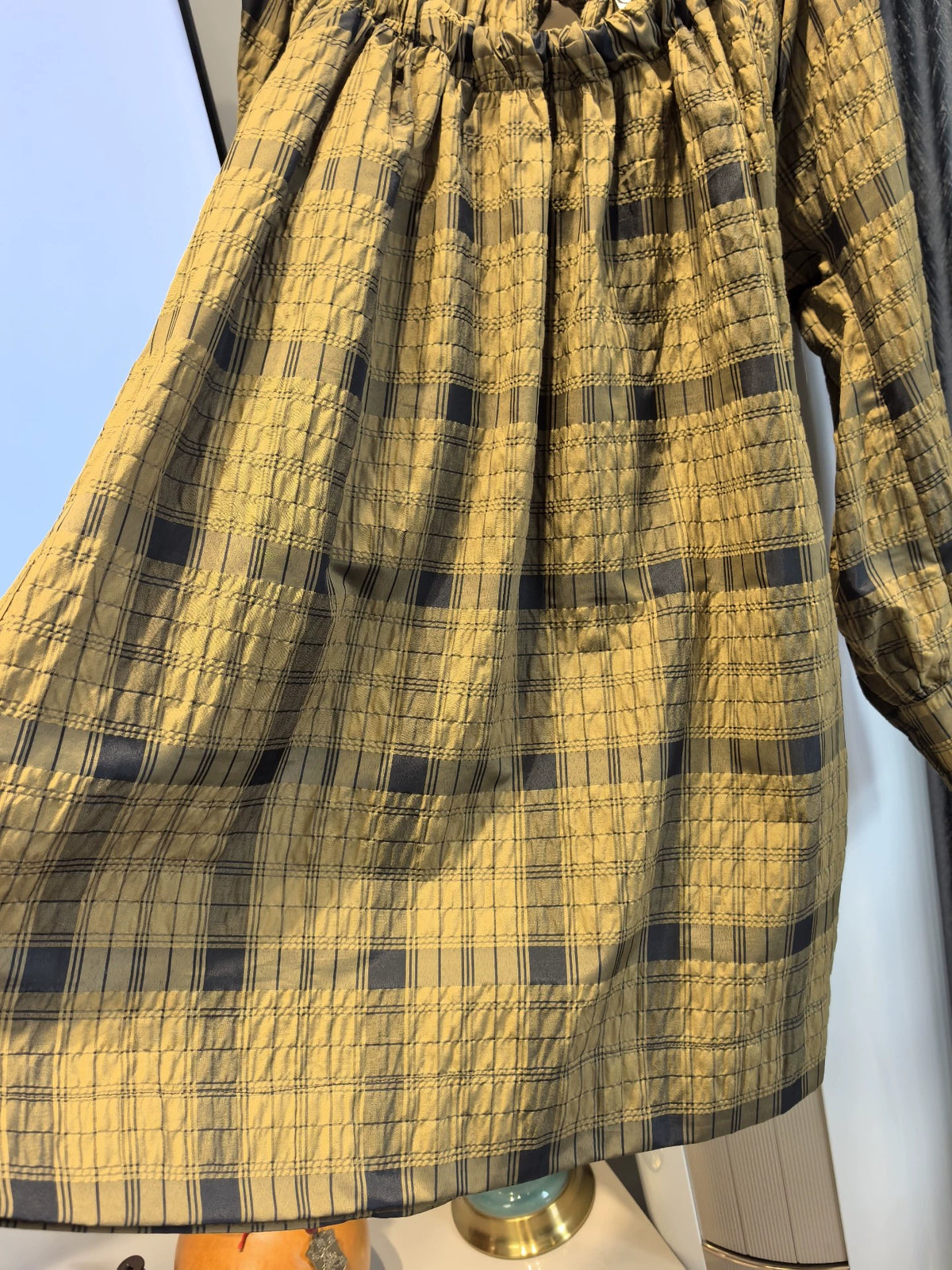 GANNI Ochre Check Seersucker Mini Dress — product detail 3
