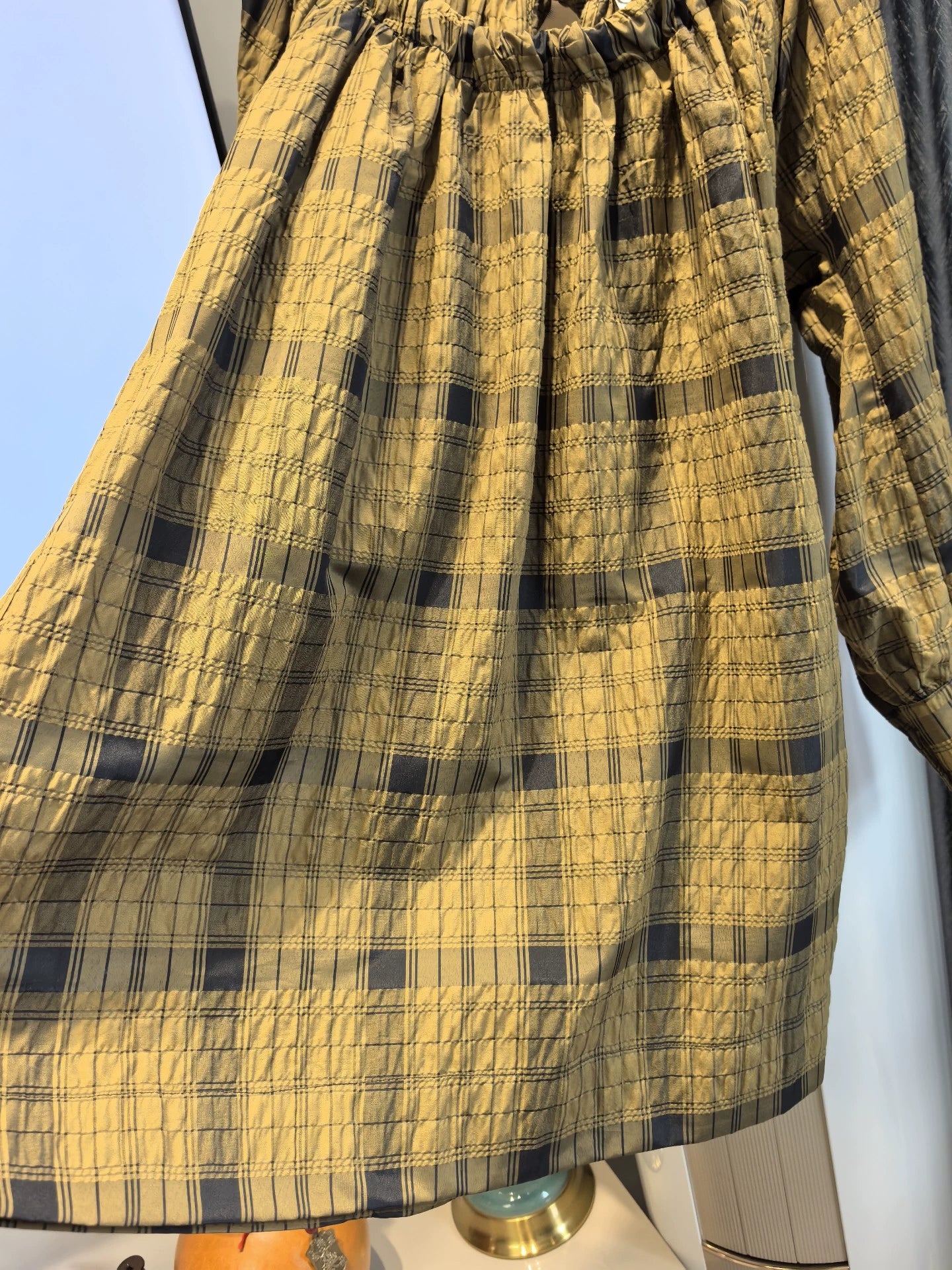 GANNI Ochre Check Seersucker Mini Dress — product detail 3