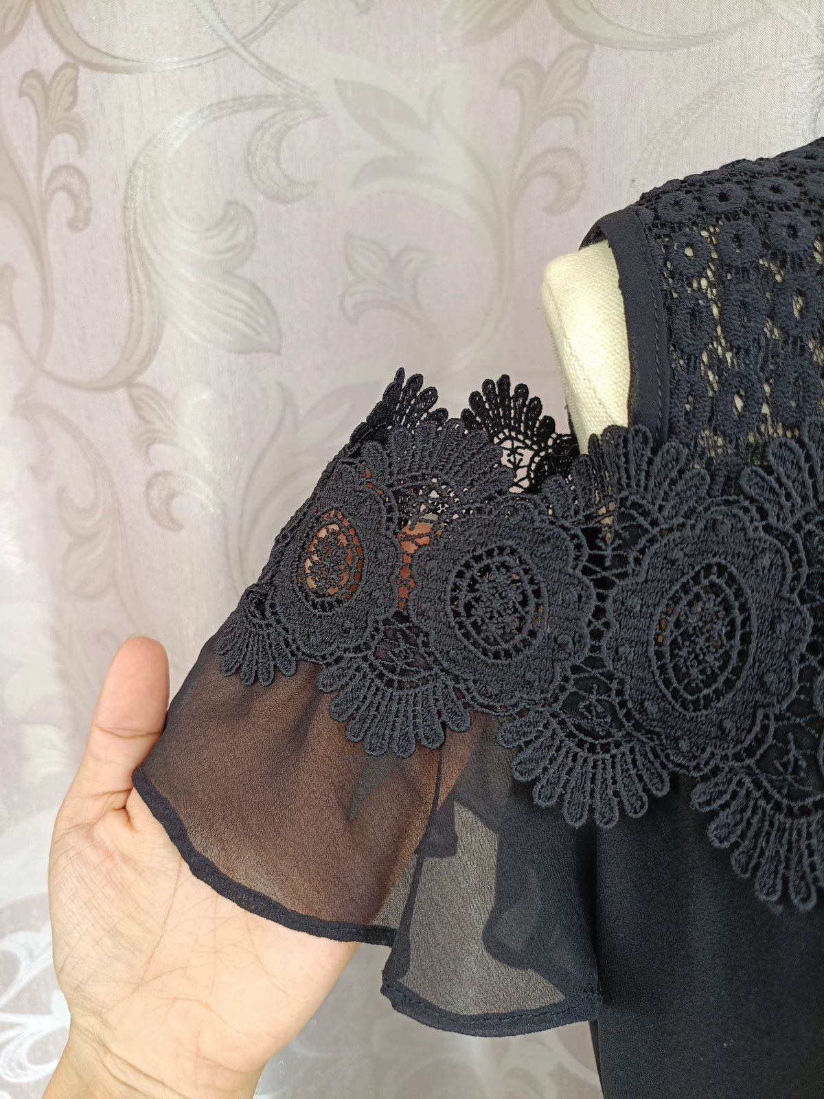 YangQi Black Off-Shoulder Beaded Lace Chiffon Maxi Dress – M — original seller image 4
