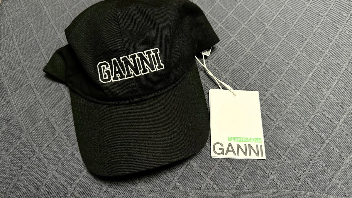 GANNI Black Embroidered Cap — front view