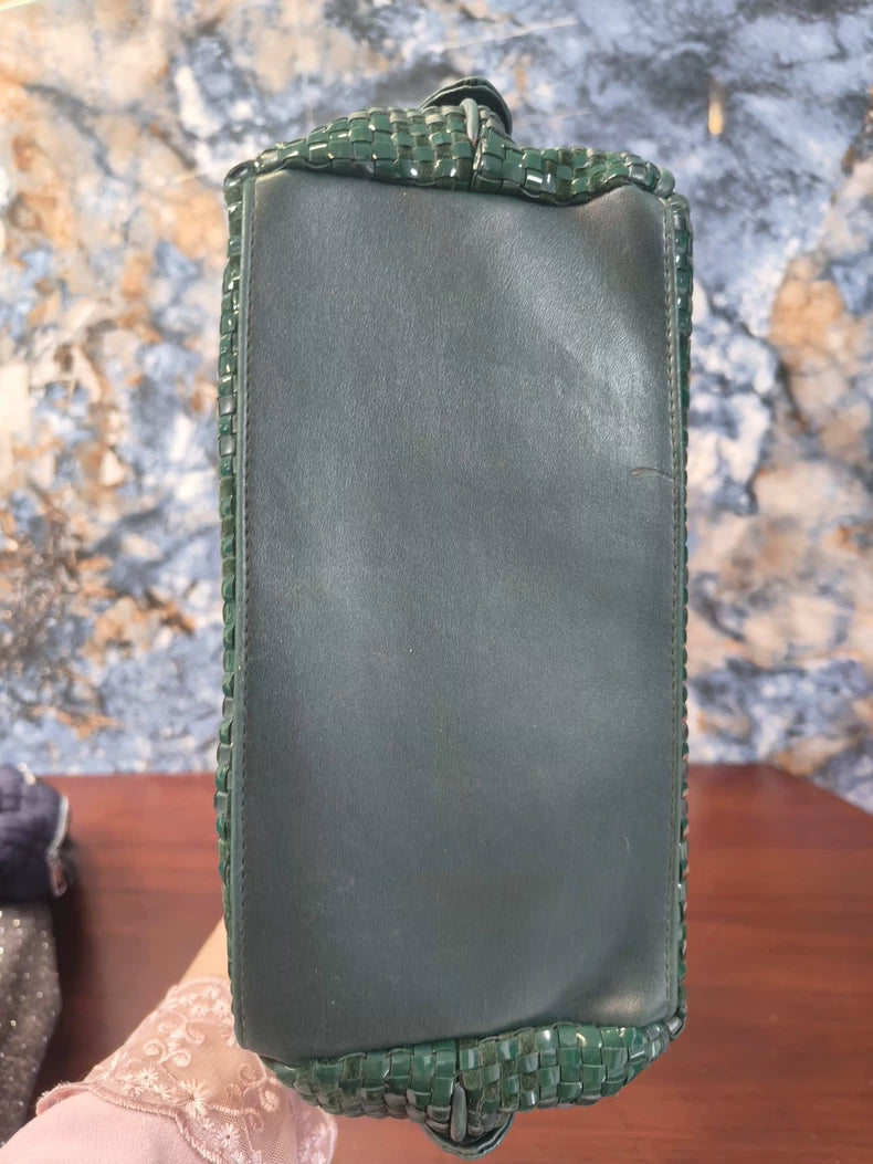 Green Woven Leather Top-Handle Bag