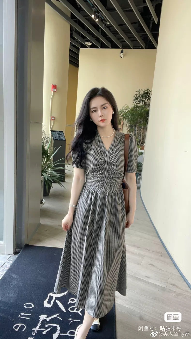 Grey check V-neck midi dress - front view