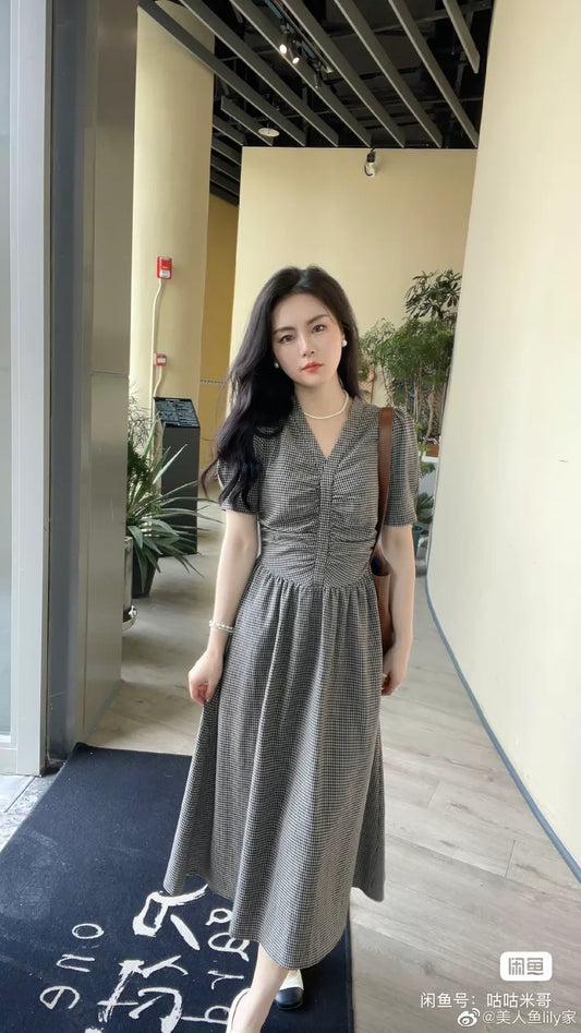 Grey check V-neck midi dress - front view