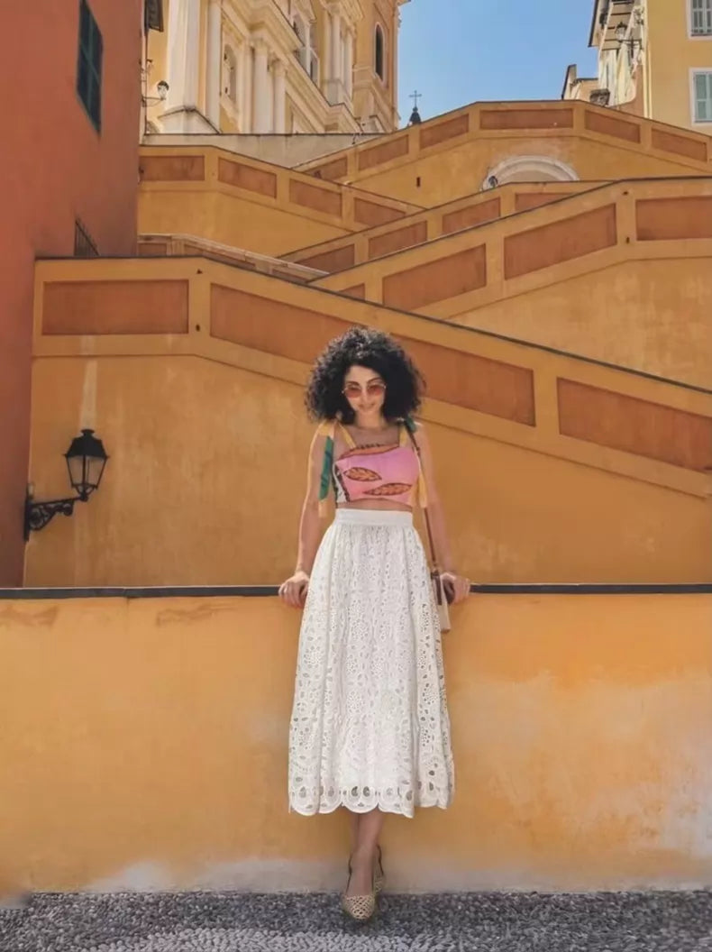 Ivory broderie anglaise cotton maxi skirt — clean full view
