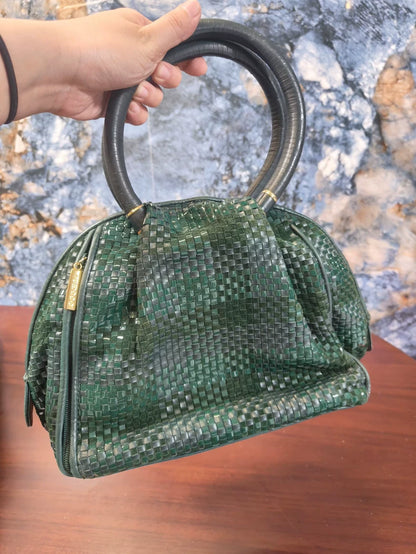 Green Woven Leather Top-Handle Bag