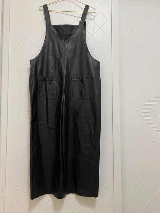 ZARA Black Faux-Leather Dungaree Jumpsuit