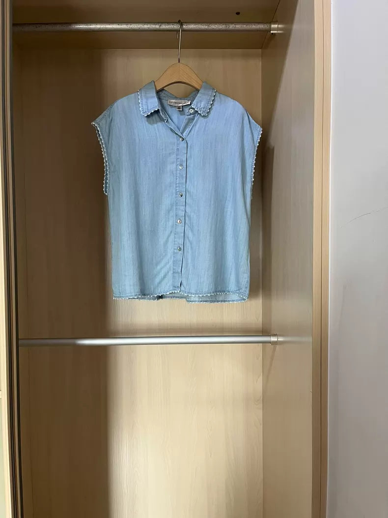 Pale blue lyocell crochet-trim blouse — clean full view