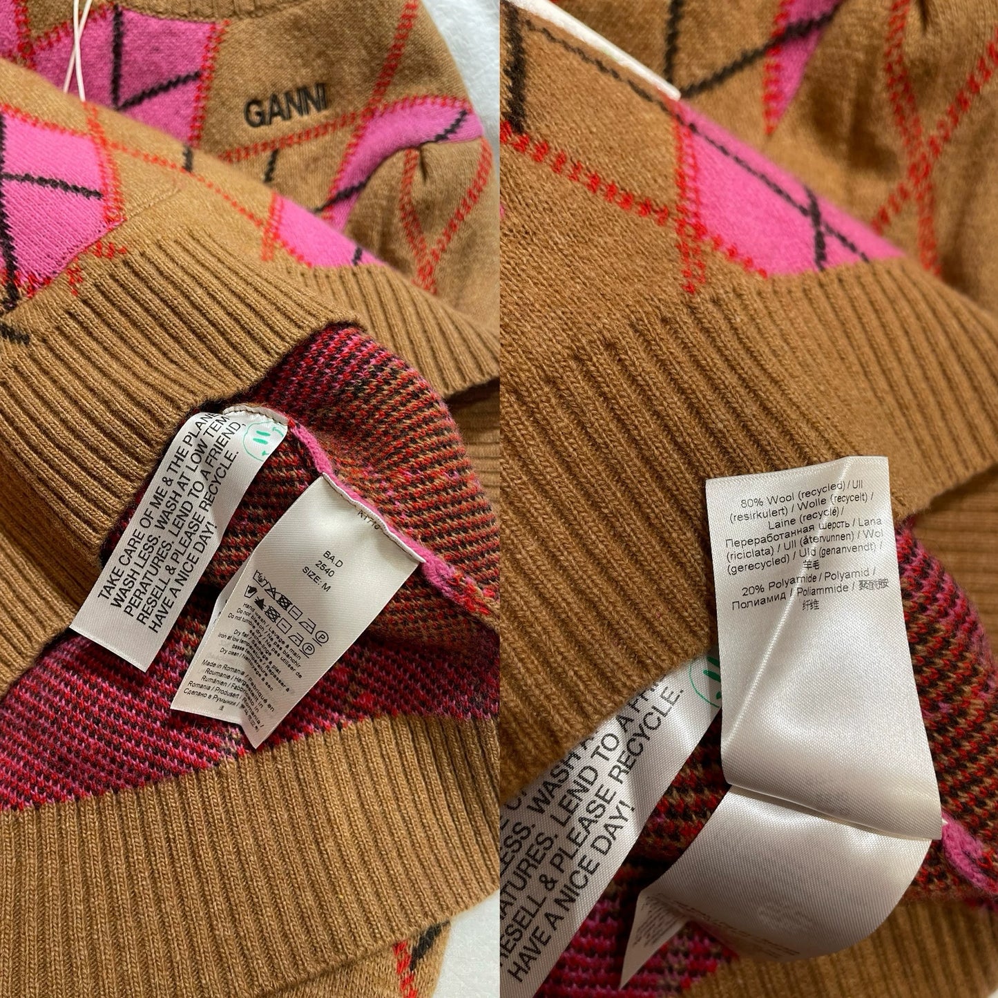 GANNI Pink-Brown Argyle Sweater — product detail 6