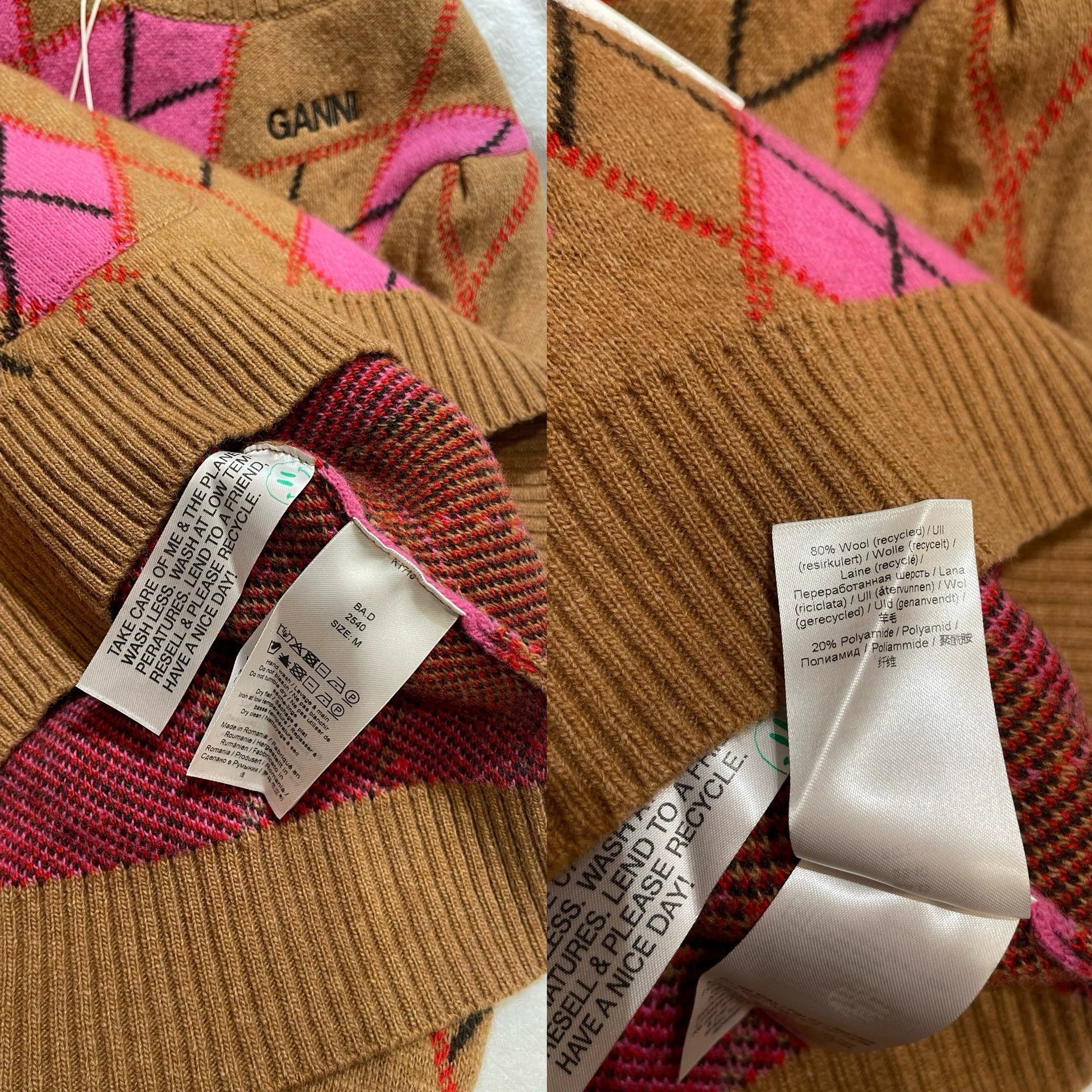GANNI Pink-Brown Argyle Sweater — product detail 6