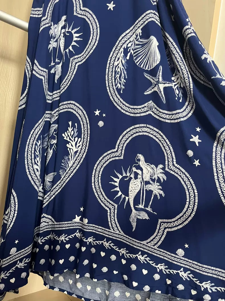 Navy printed camisole maxi dress — motif detail