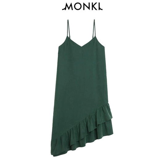 MONKI Dark Green Asymmetric Ruffle Dress