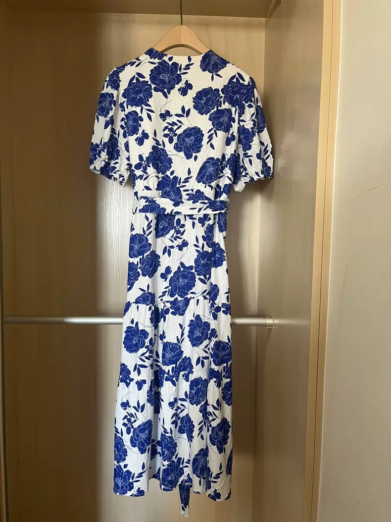 Cobalt botanical cotton midi dress — model front view