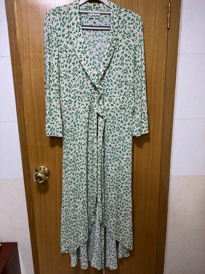 GANNI Green Floral Long-Sleeve Wrap Dress – photograph 1