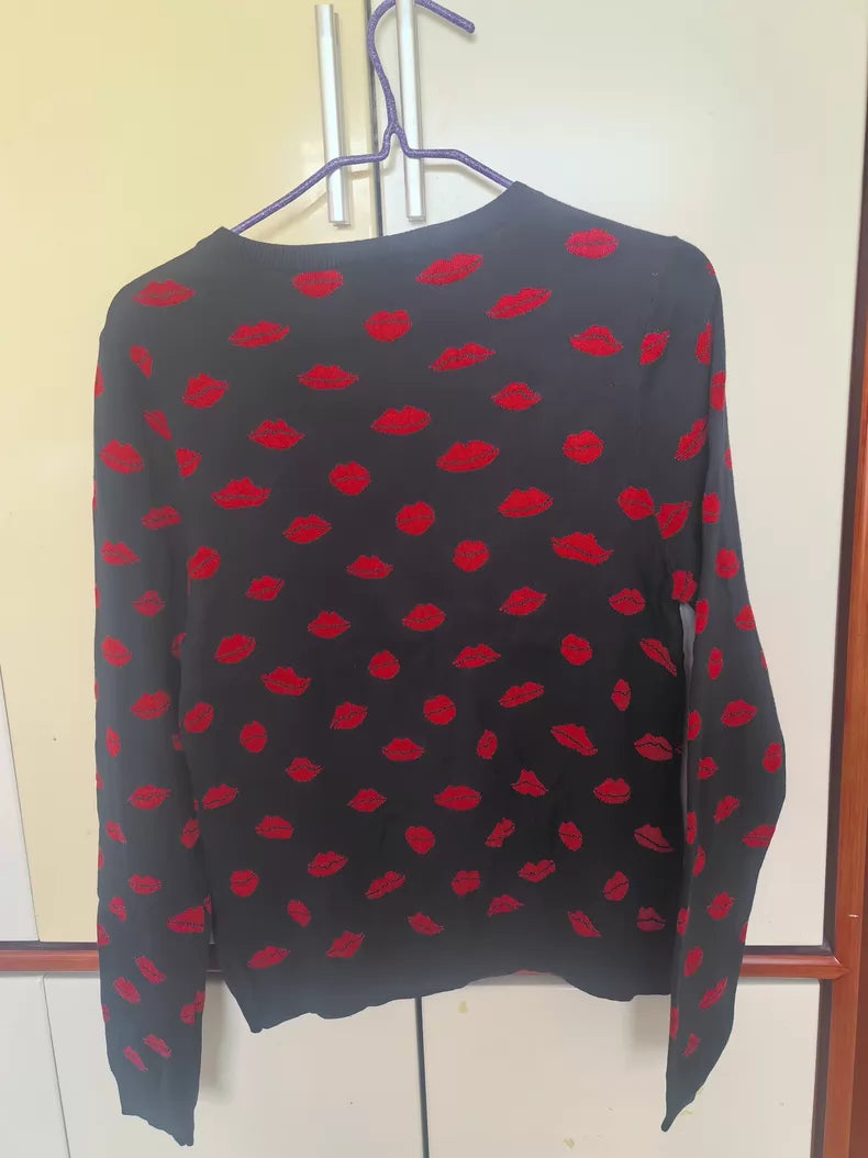 MONKI Black Red-Lip Knit Top