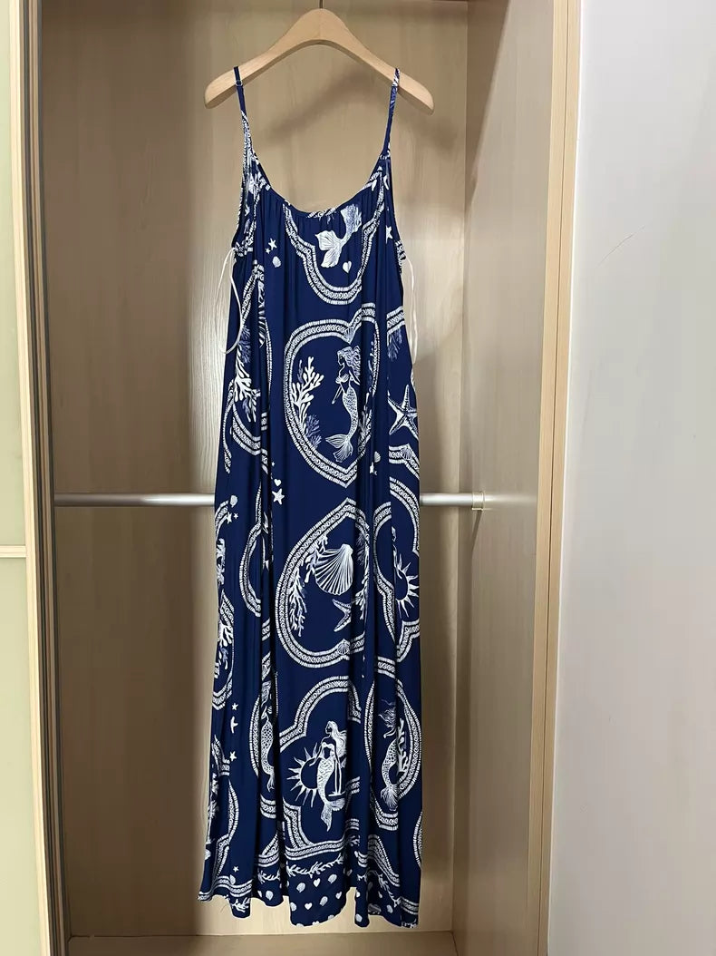 Navy printed camisole maxi dress — back view