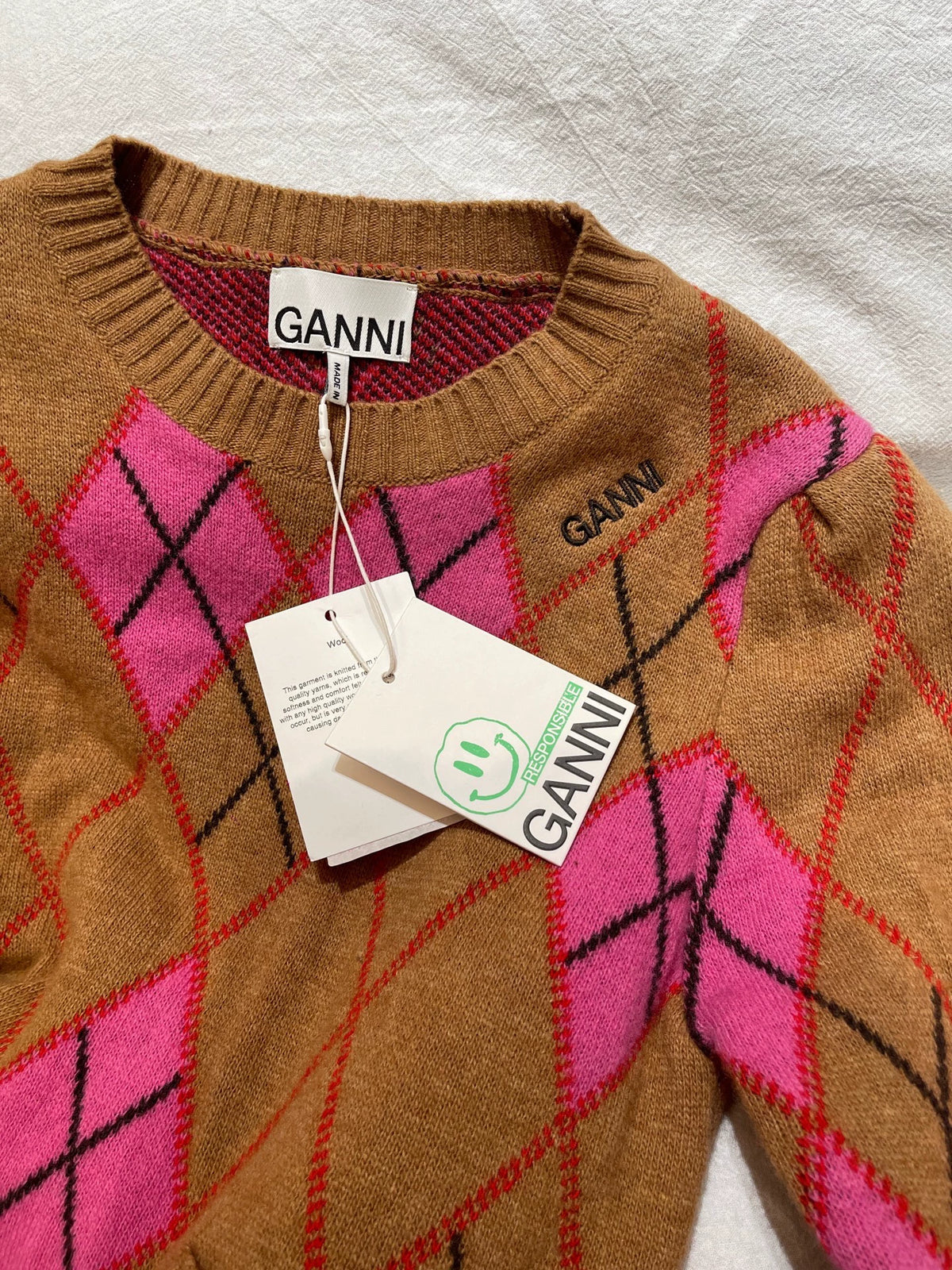 GANNI Pink-Brown Argyle Sweater — product detail 3
