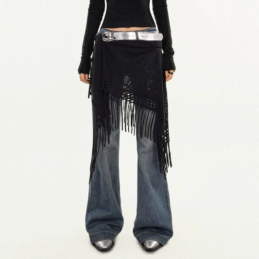 Black Knit Net Fringe Skirt
