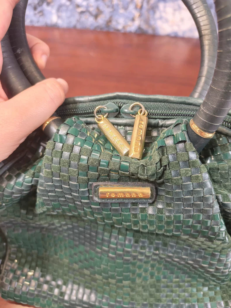 Green Woven Leather Top-Handle Bag