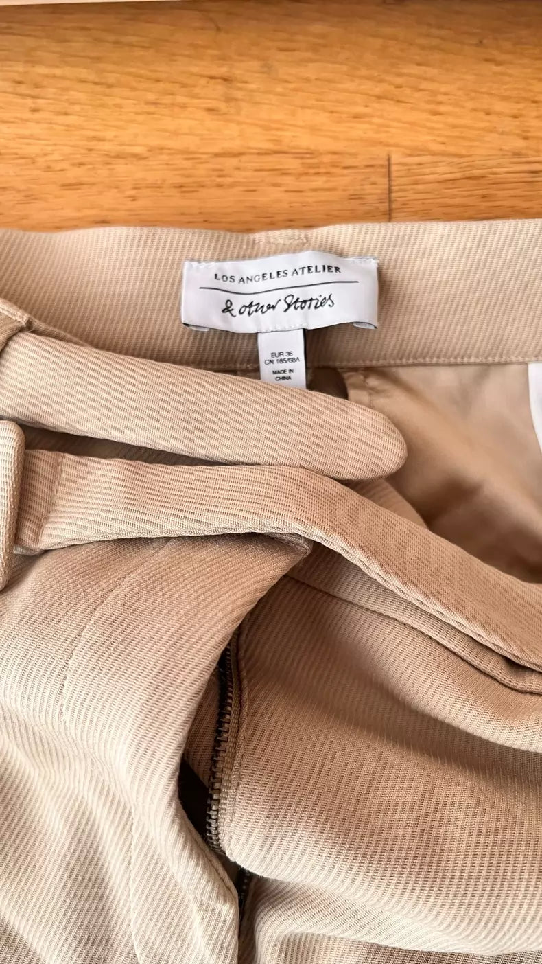 & Other Stories Beige Belted Cropped Trousers