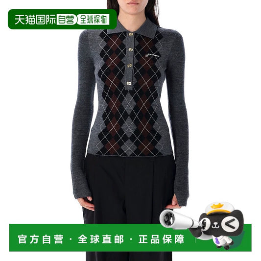 GANNI Grey Argyle Wool Polo — front view