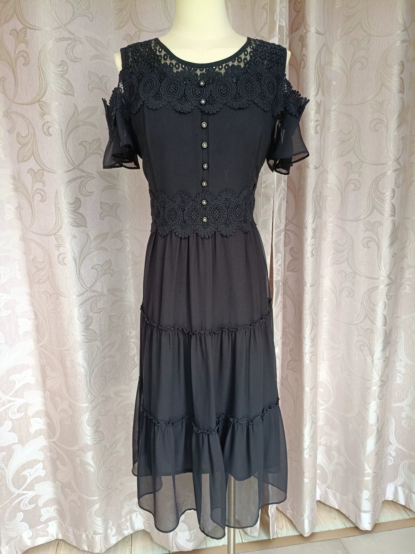 YangQi Black Off-Shoulder Beaded Lace Chiffon Maxi Dress – M — original seller image 1