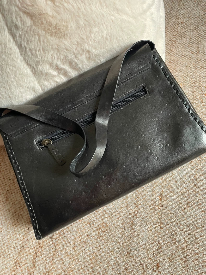 Dark Bronze Ostrich-Embossed Vintage Shoulder Bag