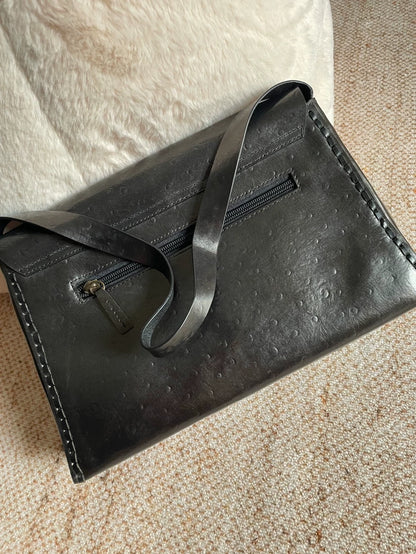 Dark Bronze Ostrich-Embossed Vintage Shoulder Bag