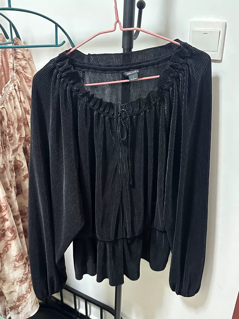 MONKI Black Pleated Drawstring-Neck Top