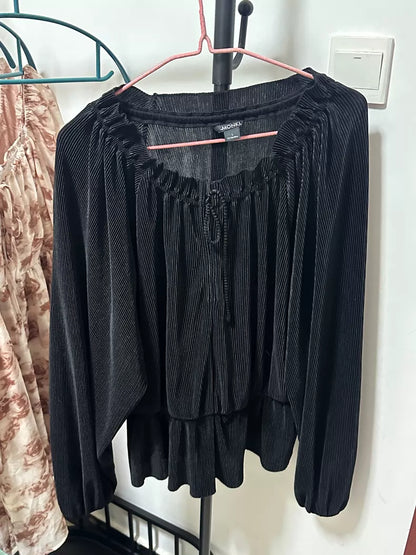 MONKI Black Pleated Drawstring-Neck Top