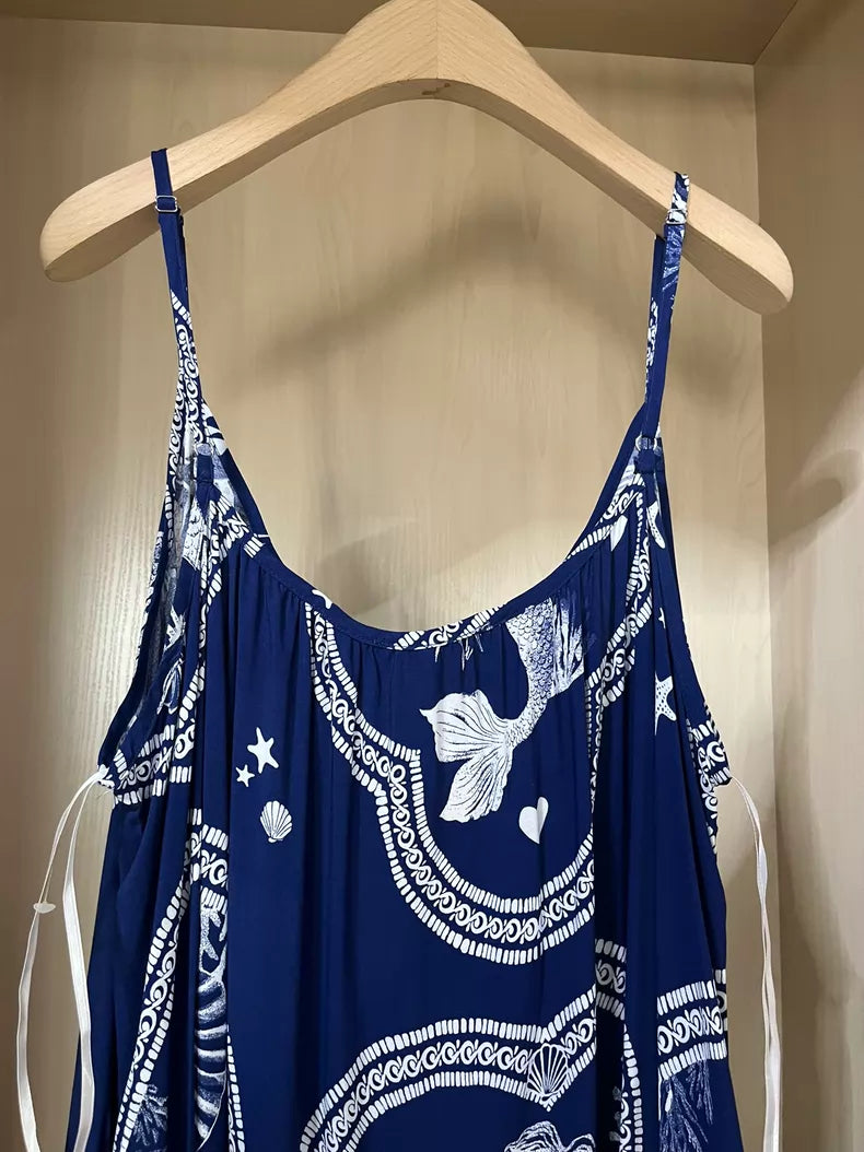 Navy printed camisole maxi dress — strap detail