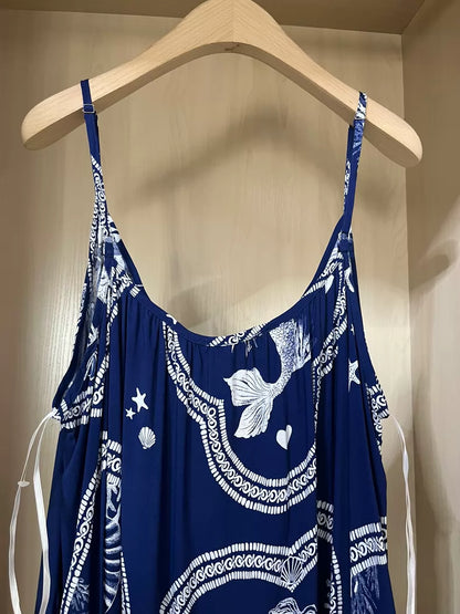 Navy printed camisole maxi dress — strap detail