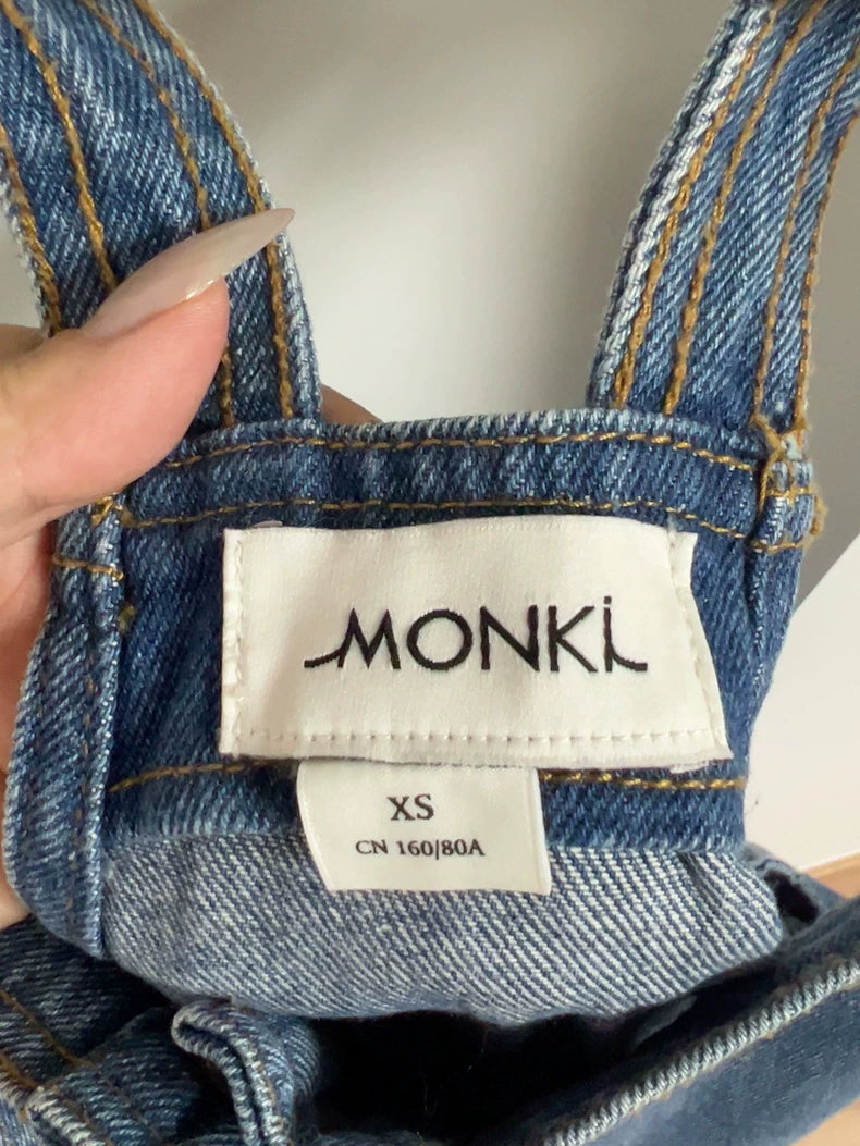 MONKI Blue Button-Front Denim Pinafore Dress