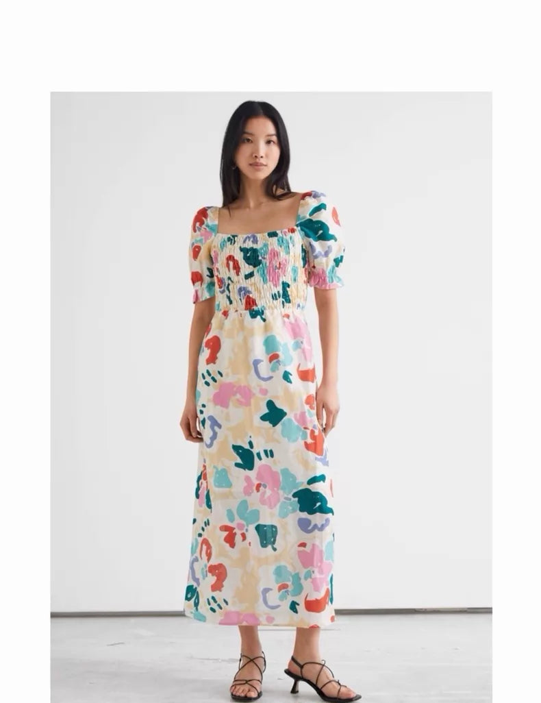 & Other Stories Colourful Floral Puff-Sleeve Dress