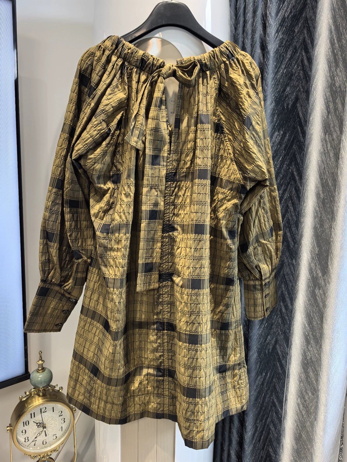 GANNI Ochre Check Seersucker Mini Dress — product detail 5