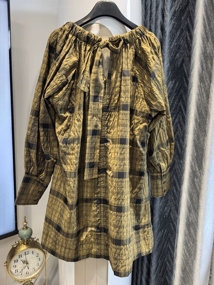 GANNI Ochre Check Seersucker Mini Dress — product detail 5