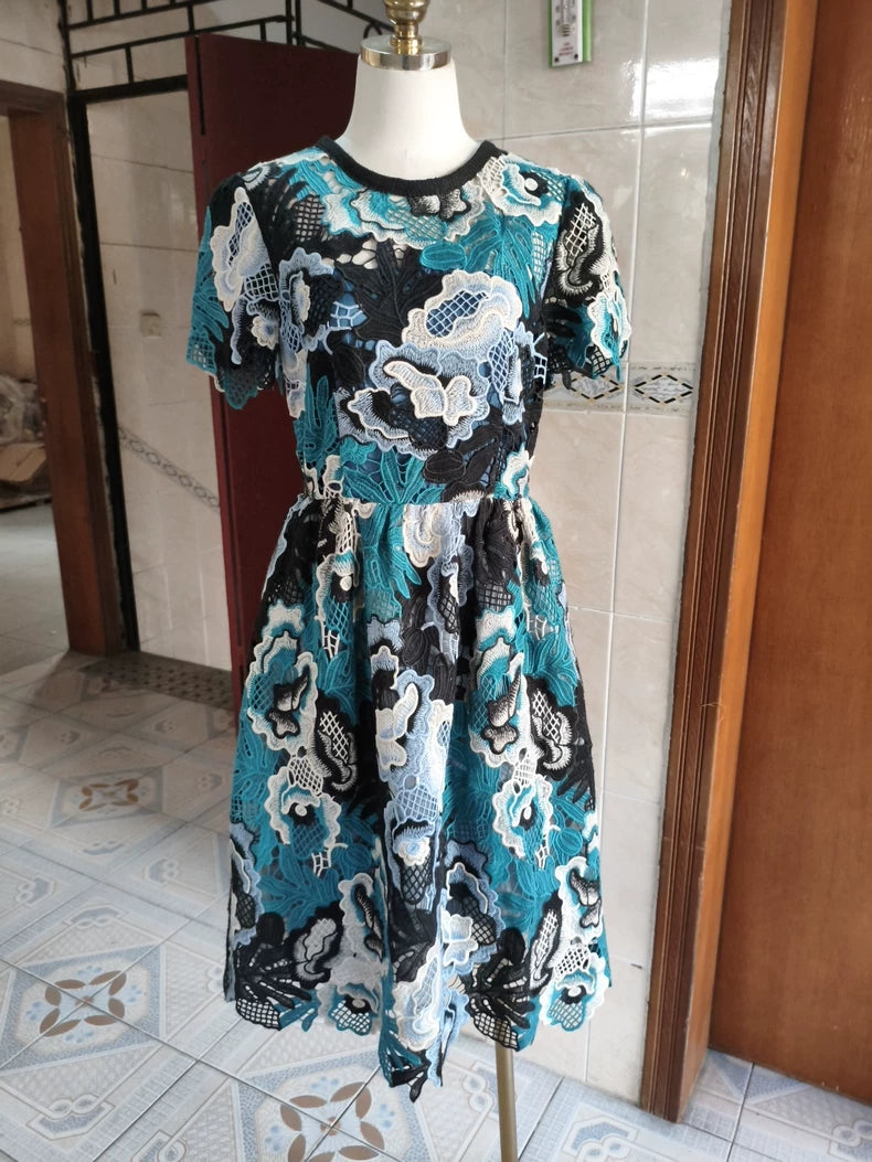 II by Claes Iversen teal floral lace midi dress — clean full front view