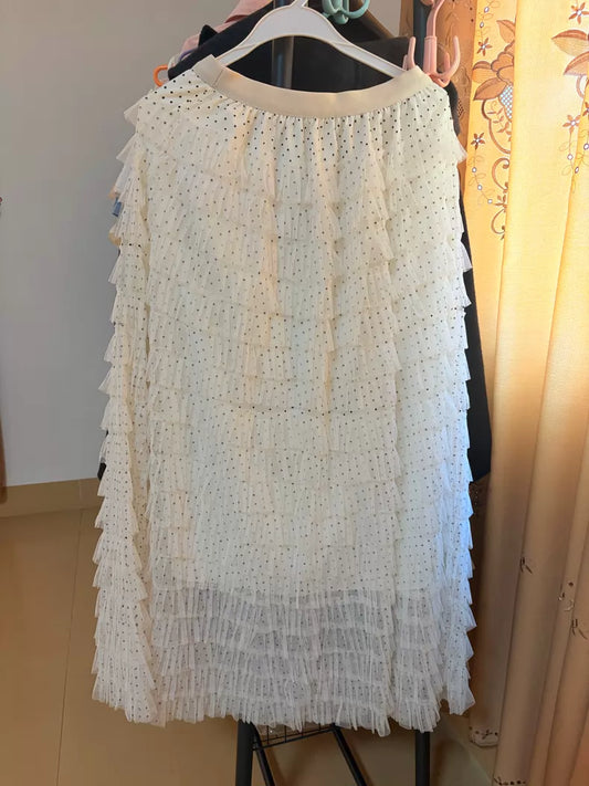 Ivory polka-dot tiered maxi dress - front view