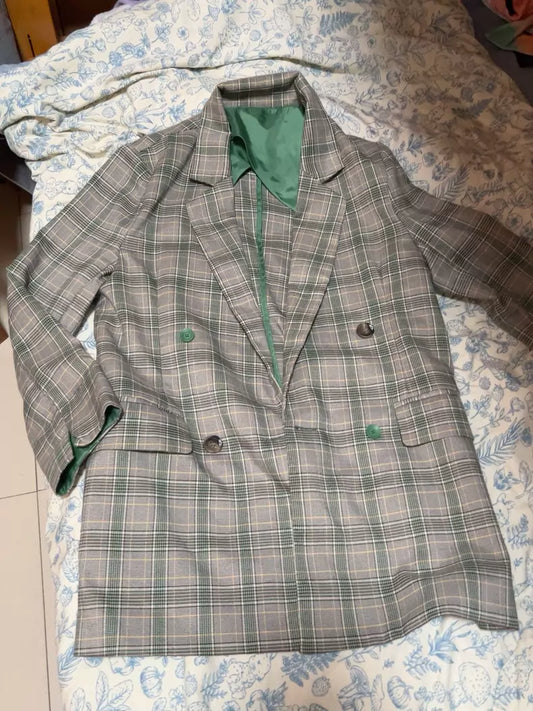 Green-Gray Double-Breasted Plaid Blazer