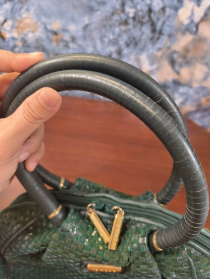 Green Woven Leather Top-Handle Bag