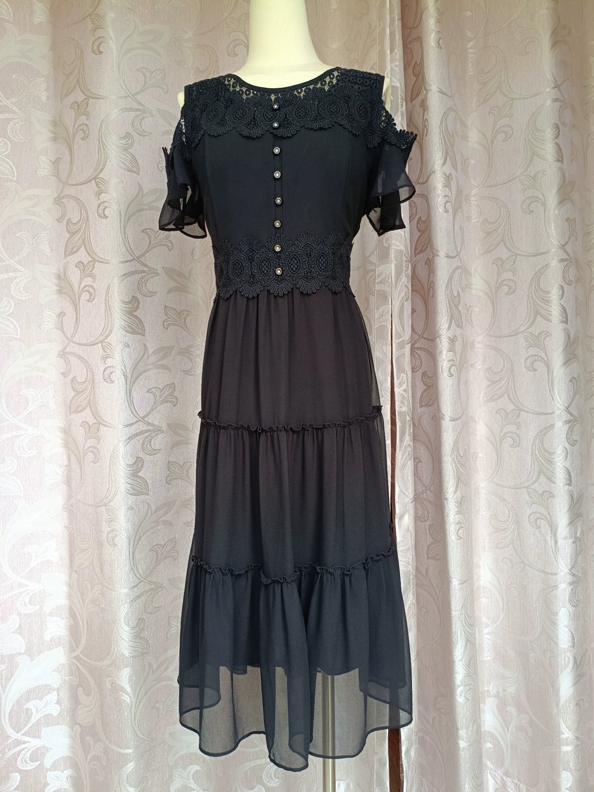 YangQi Black Off-Shoulder Beaded Lace Chiffon Maxi Dress – M — original seller image 2