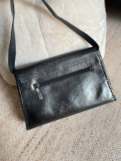 Dark Bronze Ostrich-Embossed Vintage Shoulder Bag