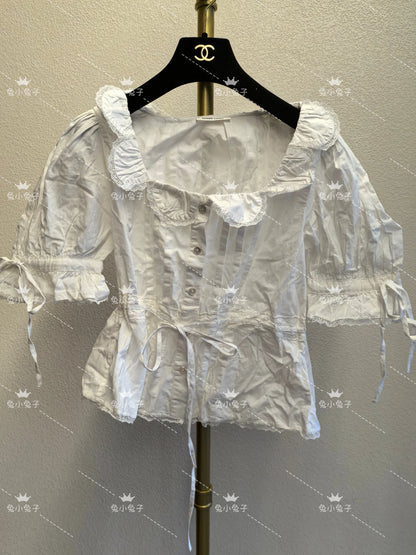 Sandy Liang White Lace-Trim Cropped Shirt — product detail 3