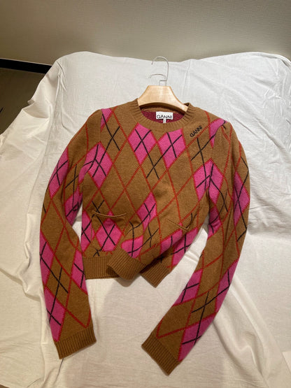 GANNI Pink-Brown Argyle Sweater — front view