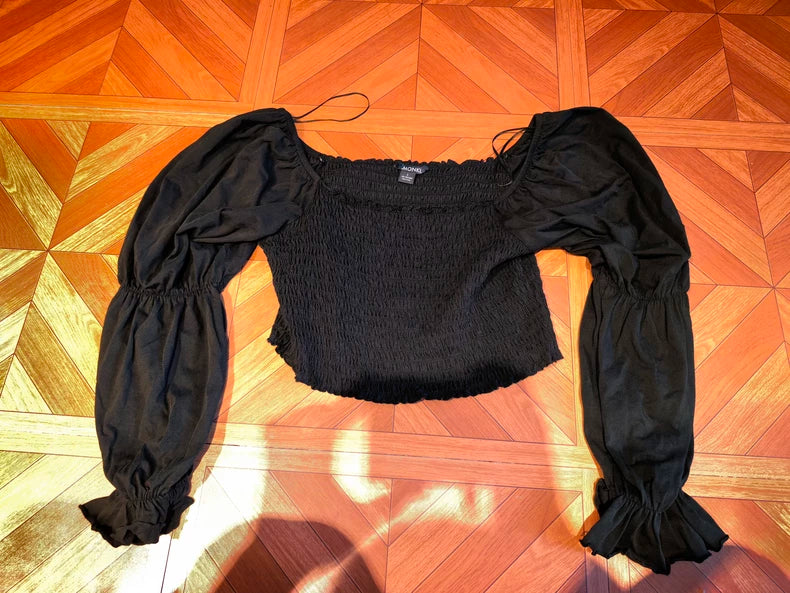 MONKI Black Puff-Sleeve Crop Top