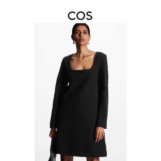 COS Black Square-Neck Wool-Blend Dress — front view
