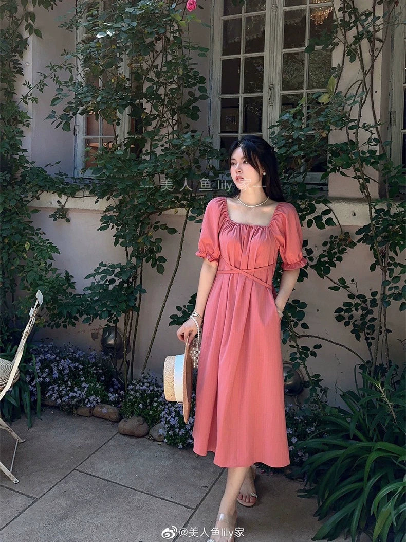 Berry square-neck cotton maxi dress - front view