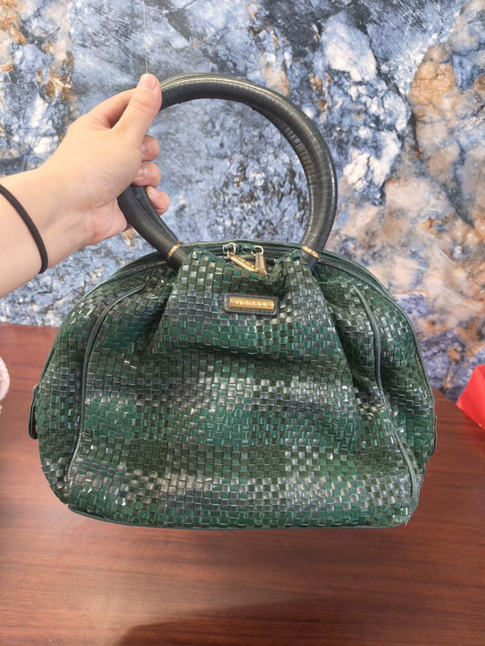 Green Woven Leather Top-Handle Bag