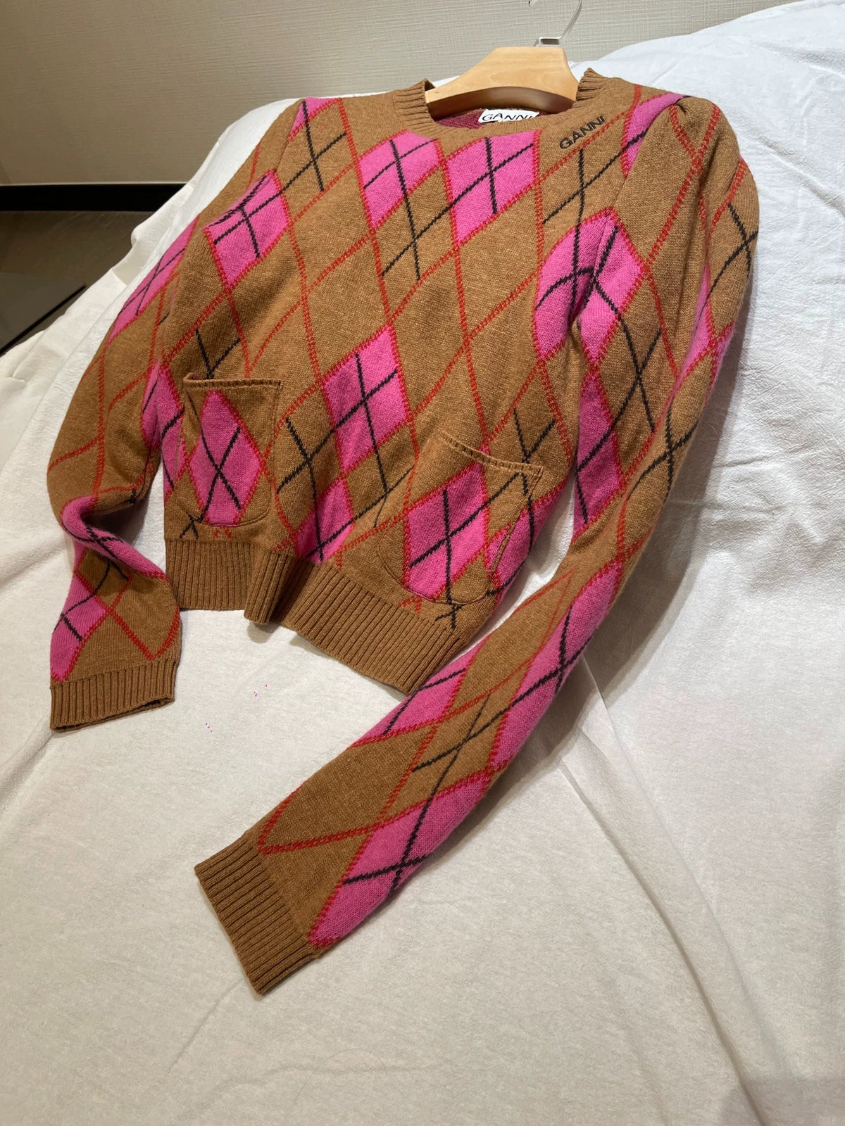 GANNI Pink-Brown Argyle Sweater — product detail 5