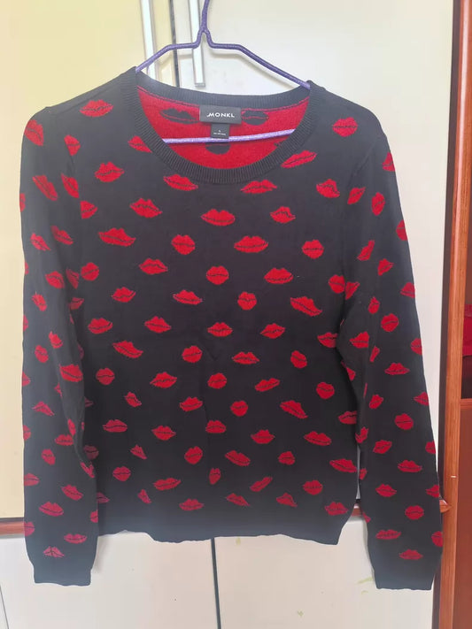 MONKI Black Red-Lip Knit Top